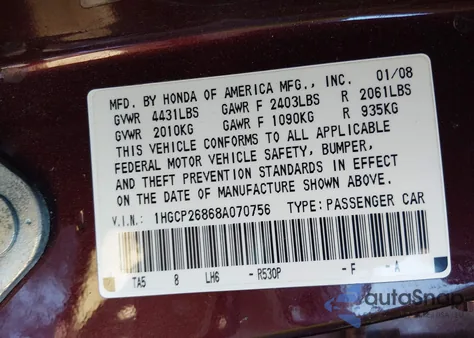 2008 Honda Accord 2.4 Ex-L из США, поврежденный, VIN 1HGCP26868A070756